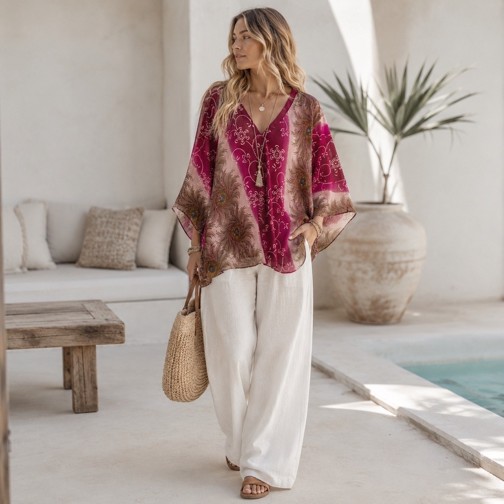 Boho‎ Peacock Print Sequin Chiffon Tunic Womens 2X Pink Kaftan Top Resortwear